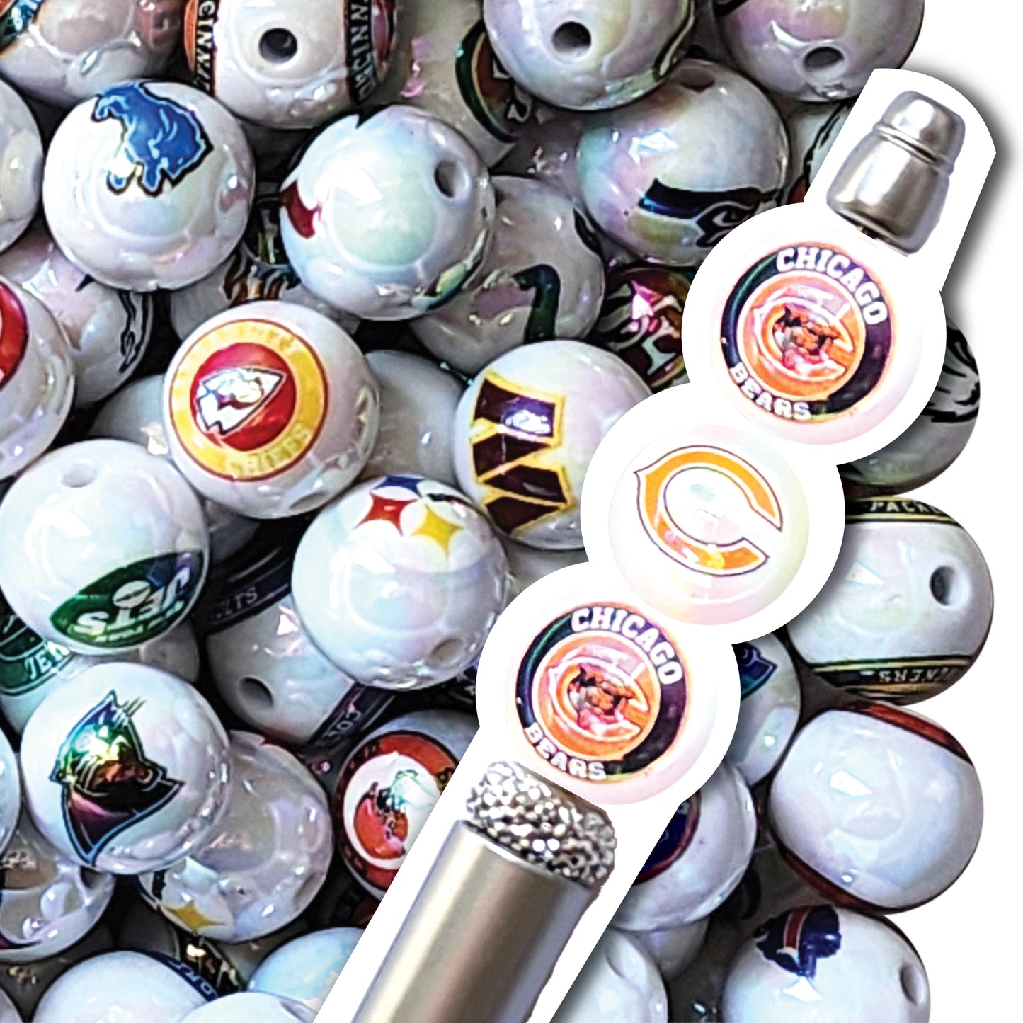 16mm AB chicago bears nfl team logos custom printed bubblegum beads - sold per bead