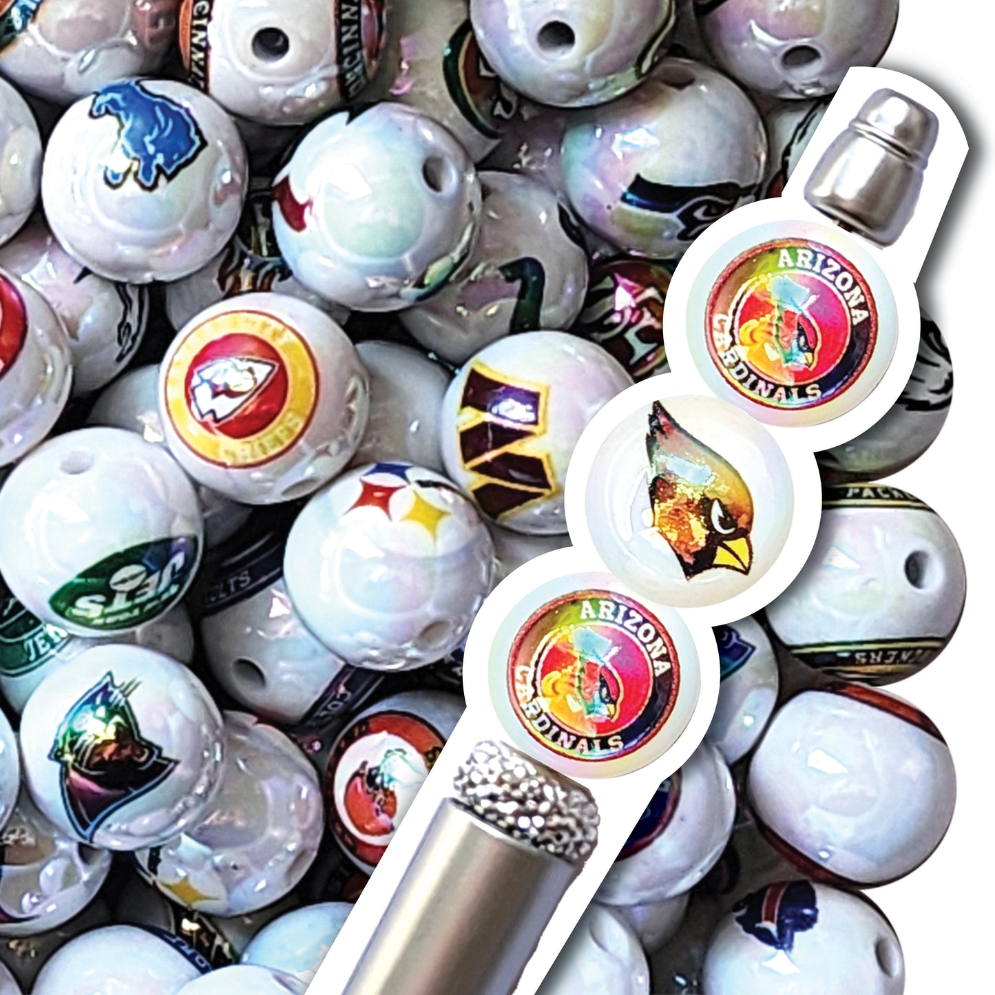 16mm AB arizona cardinals nfl team logos custom printed bubblegum beads - sold per bead