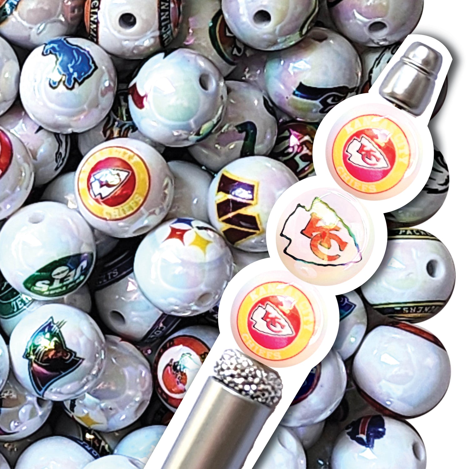 16mm AB kansas city chiefs nfl team logos custom printed bubblegum beads - sold per bead