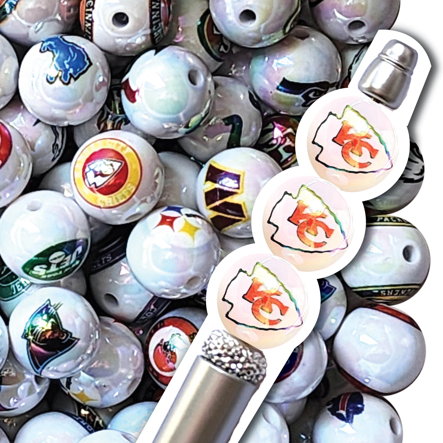 16mm AB kansas city chiefs nfl team logos custom printed wholesale bubblegum beads