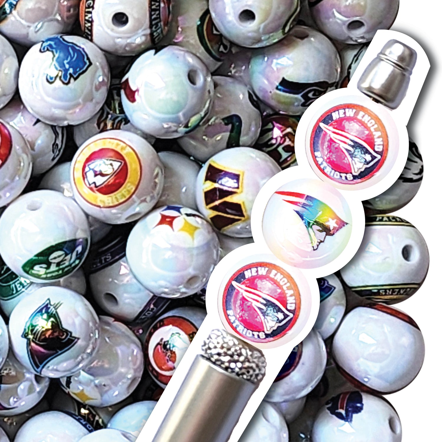 16mm AB new england patriots nfl team logos custom printed bubblegum beads - sold per bead