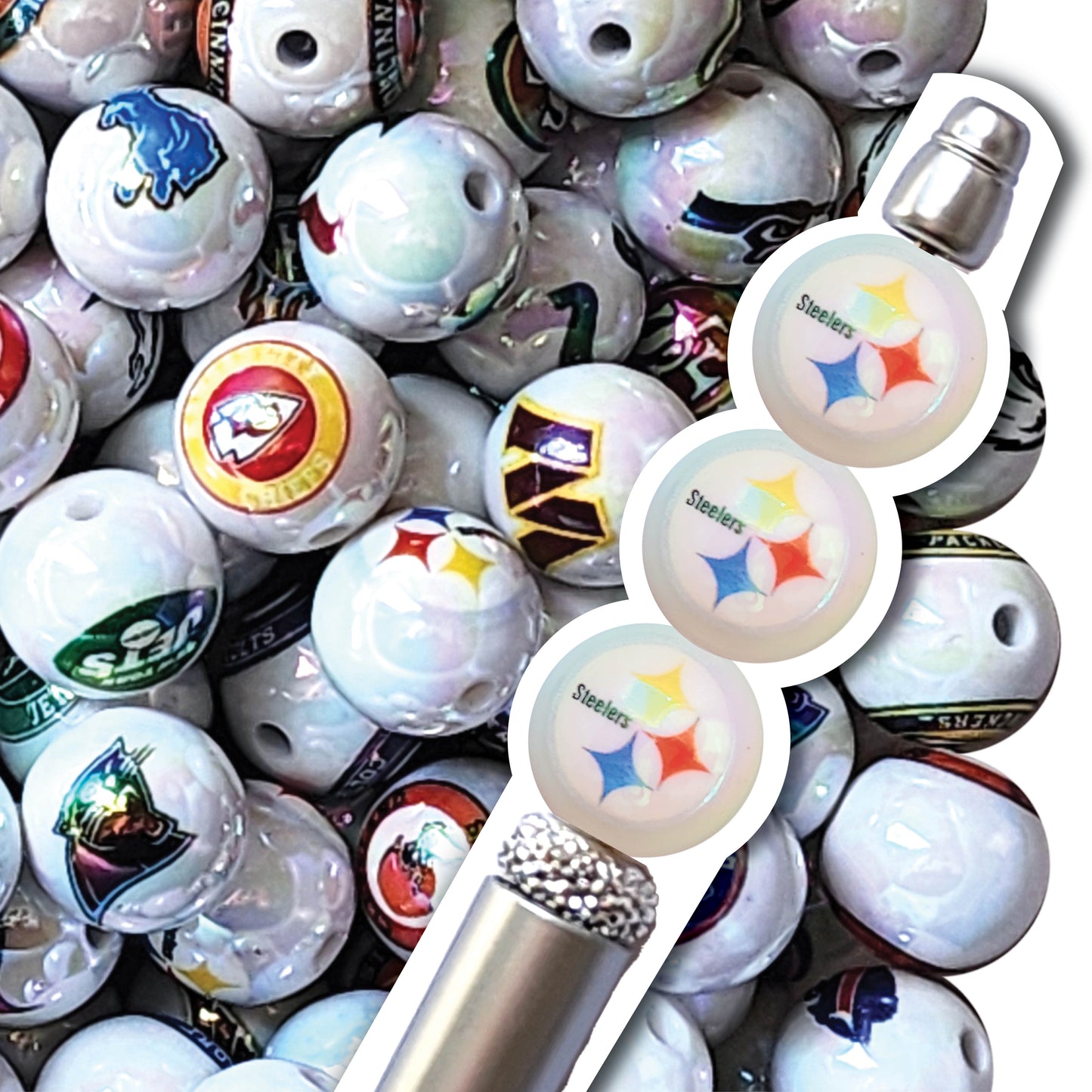 16mm AB pittsburgh steelers nfl team logos custom printed bubblegum beads - sold per bead