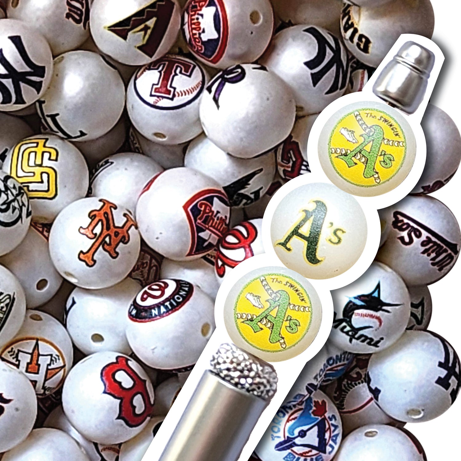 16mm okland athletics mlb team logos custom printed bubblegum beads - sold per bead