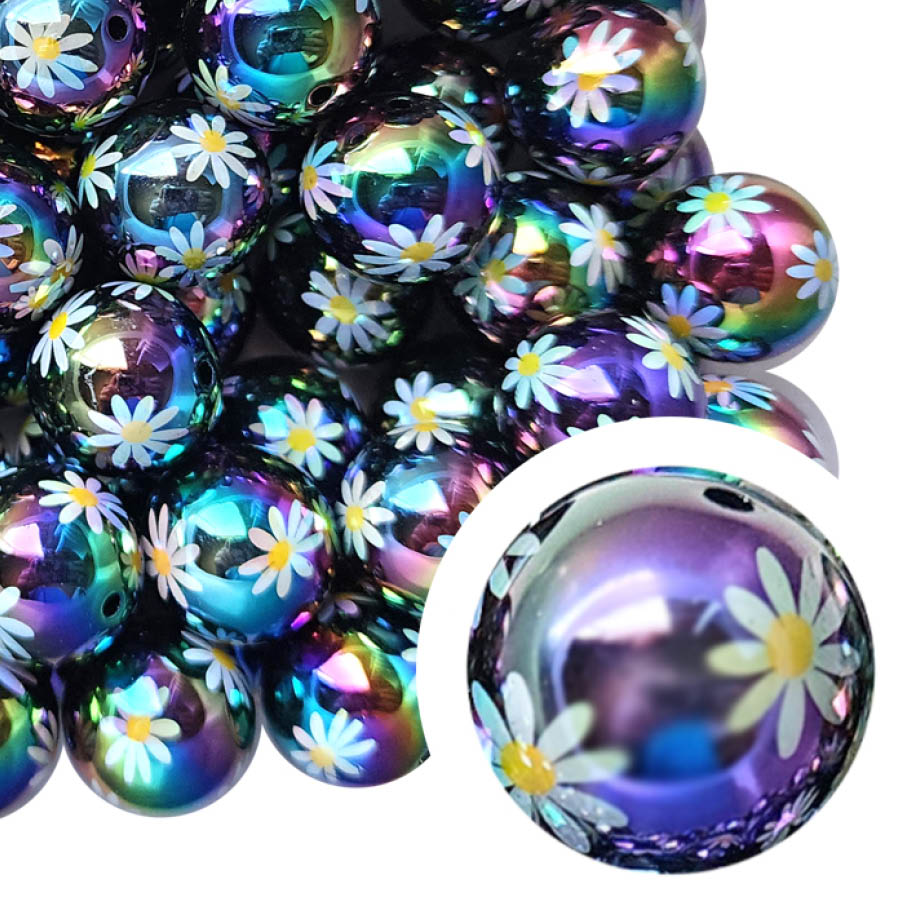 black daisy AB 20mm printed bubblegum beads