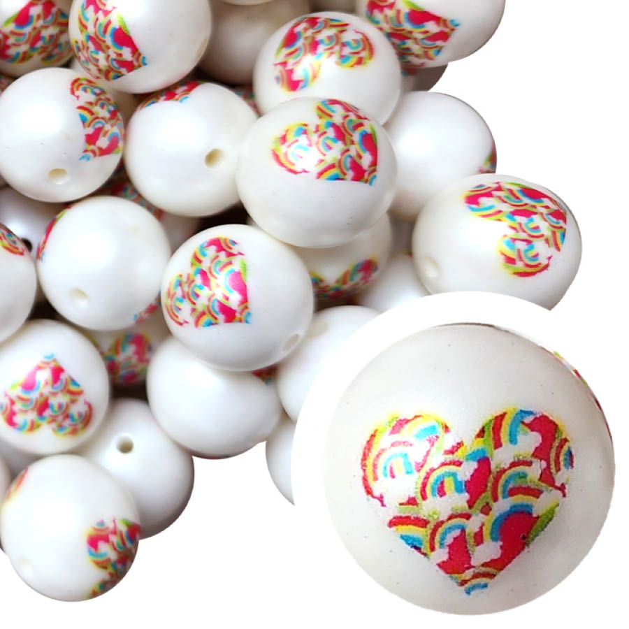 heart of rainbows 20mm printed bubblegum beads
