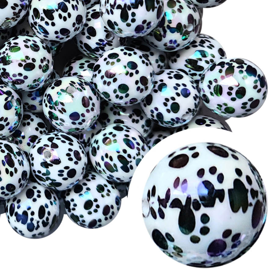 paw prints AB 20mm printed bubblegum beads