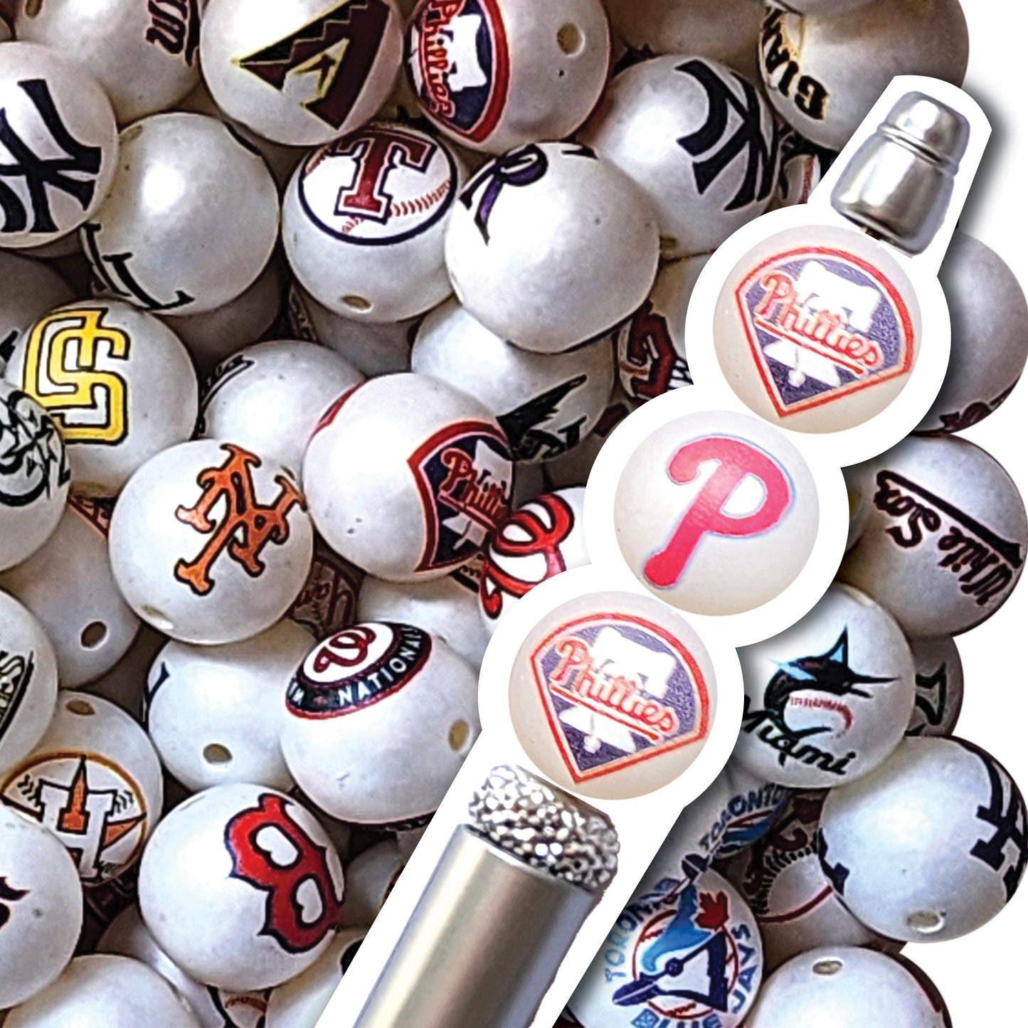 16mm philadelphia phillies mlb team logos custom printed bubblegum beads - sold per bead