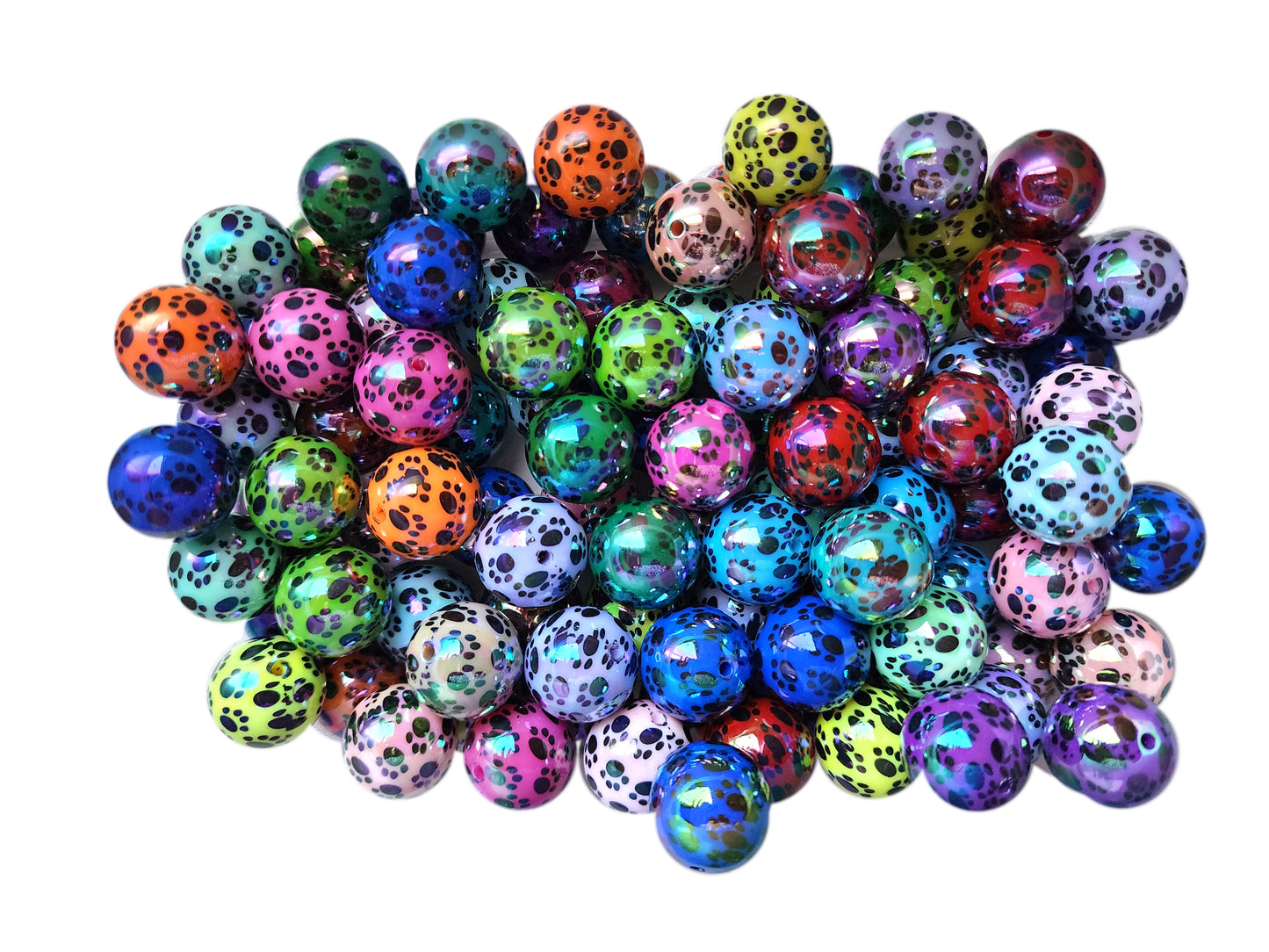 rainbow paw prints AB 20mm printed bubblegum beads