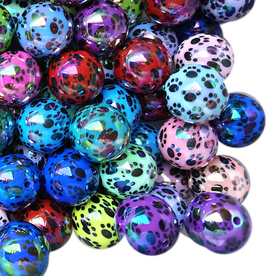 rainbow paw prints AB 20mm printed bubblegum beads