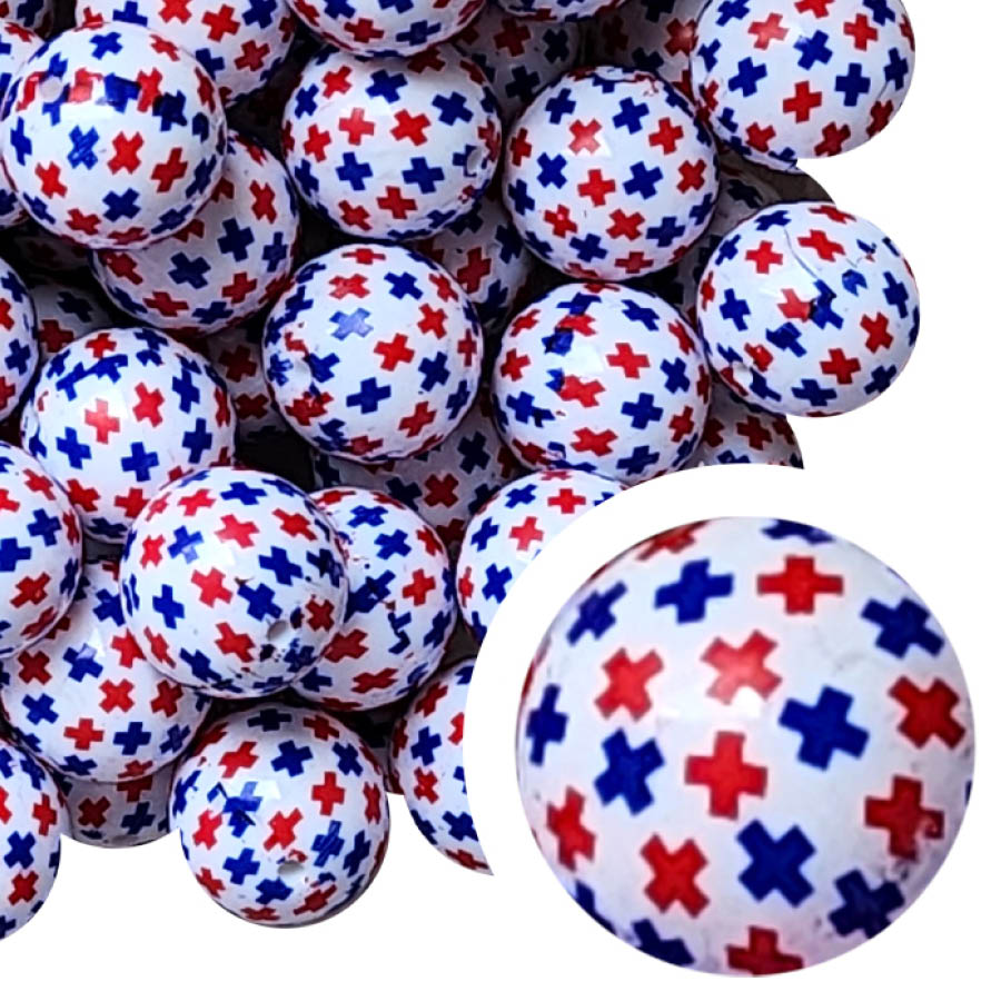 red & blue cross print 20mm printed bubblegum beads