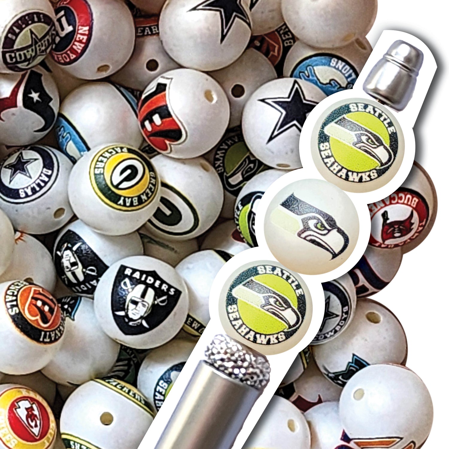 16mm seattle seahawks nfl team logos custom printed bubblegum beads - sold per bead