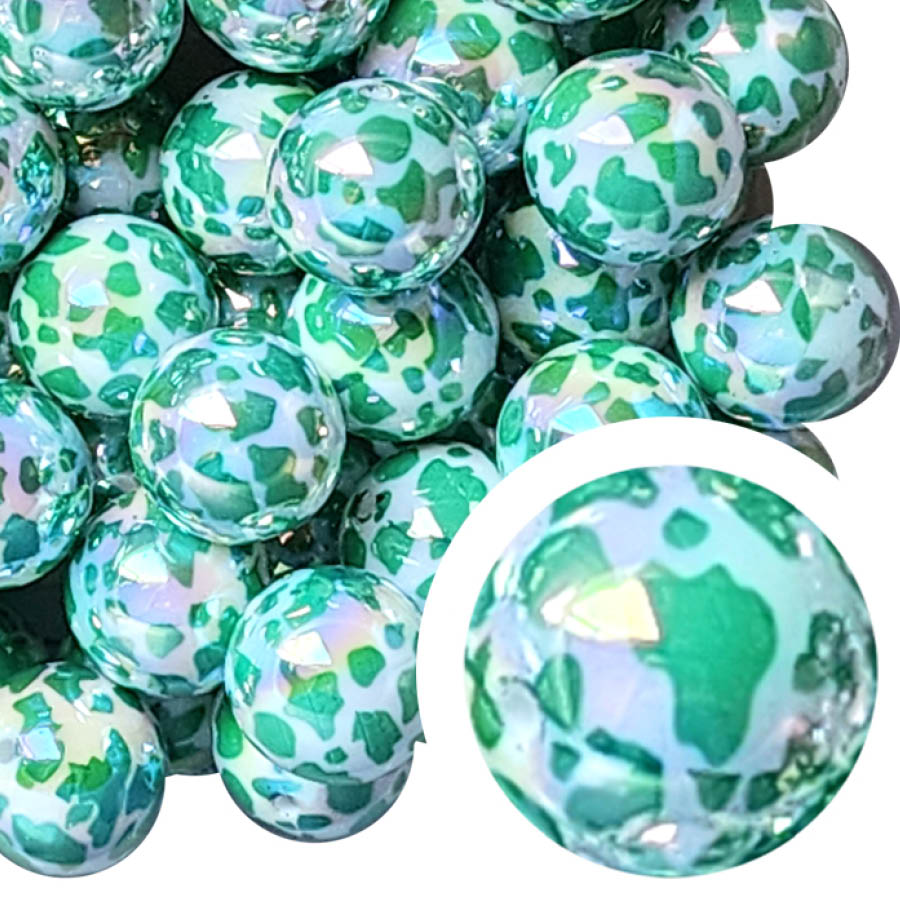 teal cow AB 20mm printed bubblegum beads