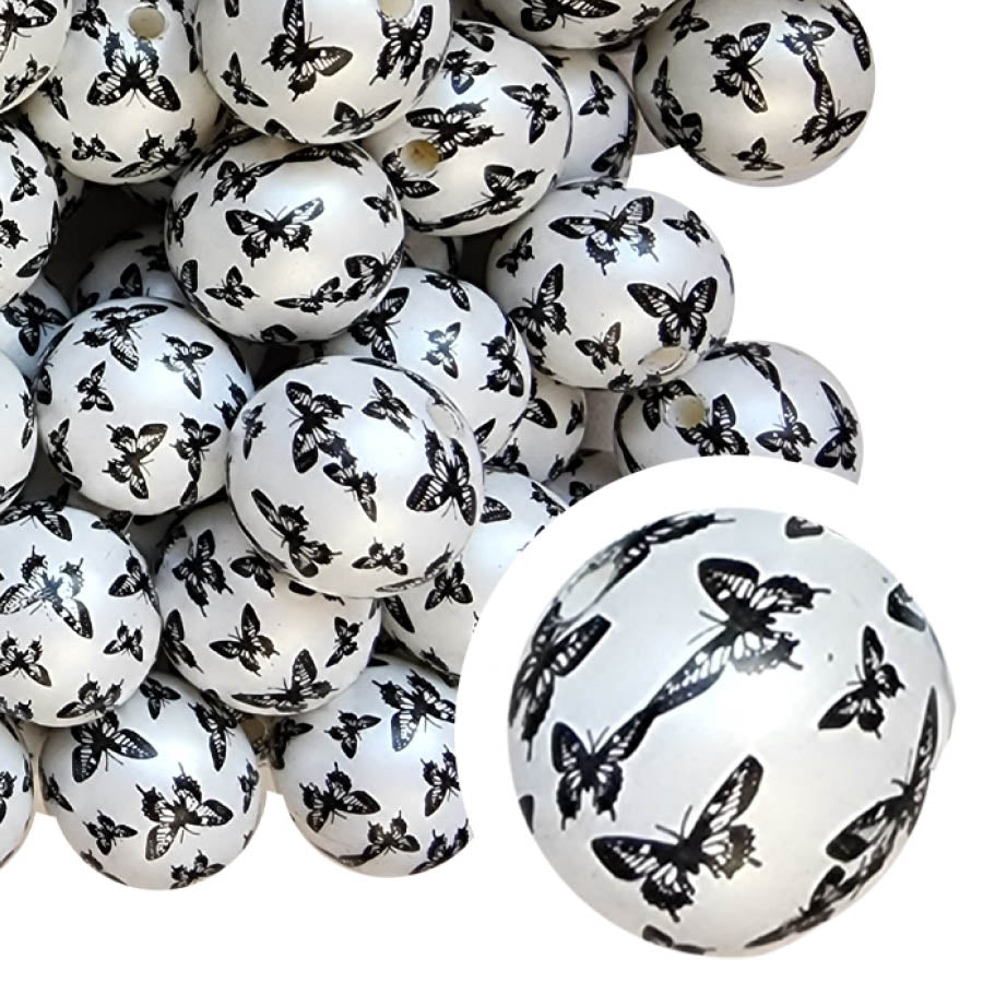black butterfly print 20mm printed bubblegum beads