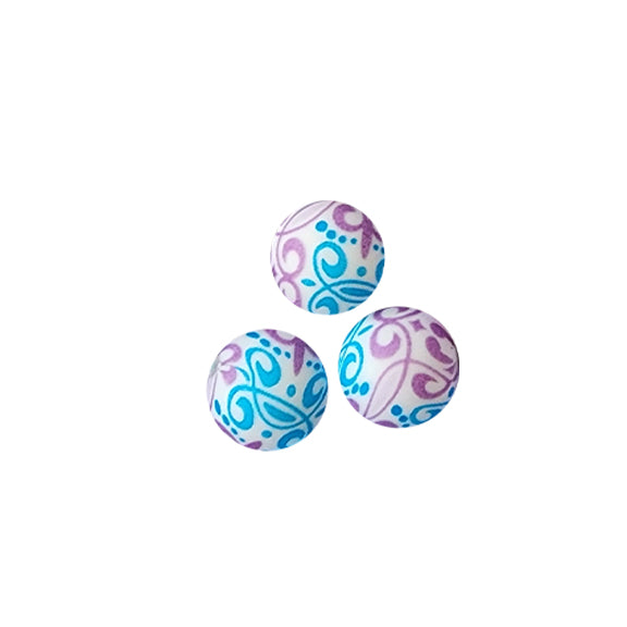 15mm blue & purple filigree print round silicone beads