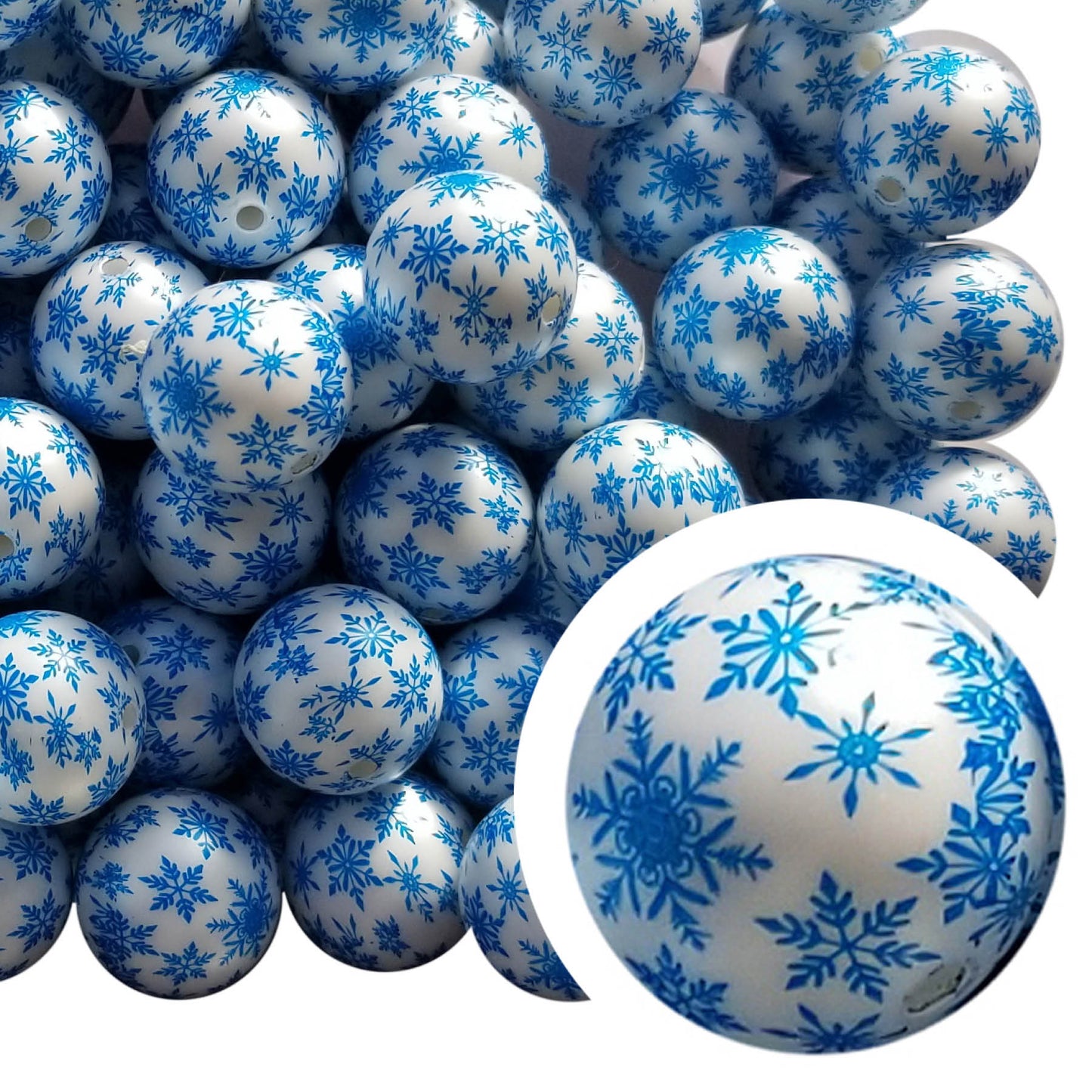 blue snowflakes 20mm printed bubblegum beads