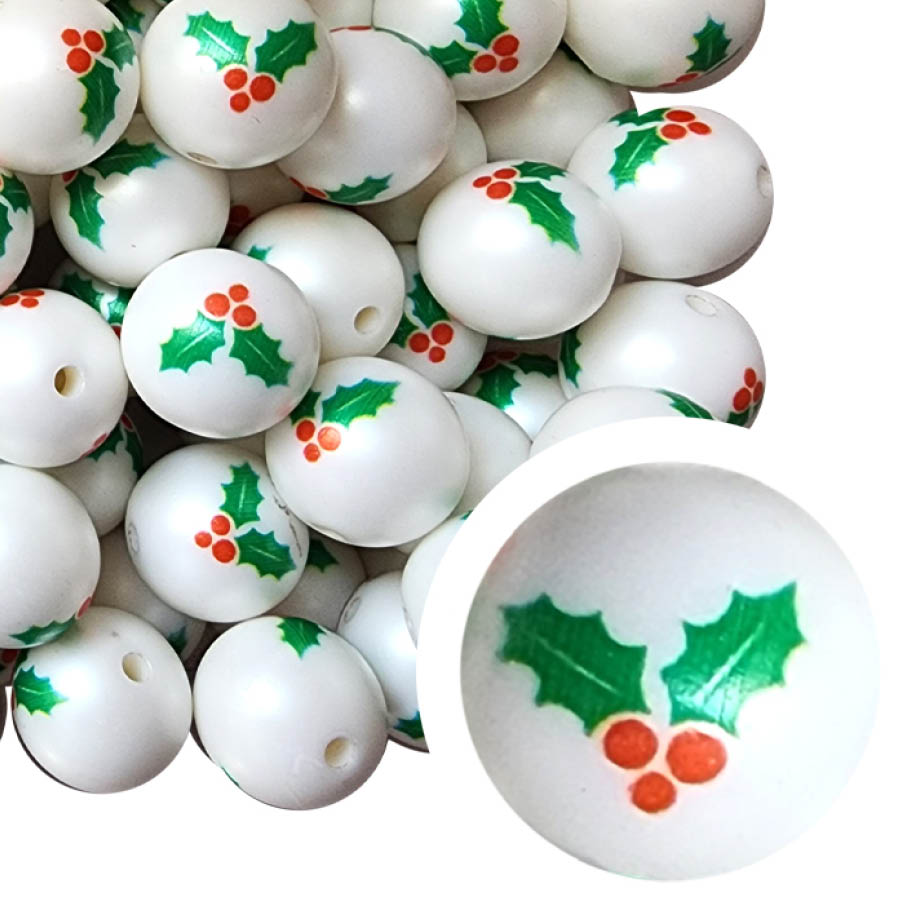 holly berries 20mm printed bubblegum beads