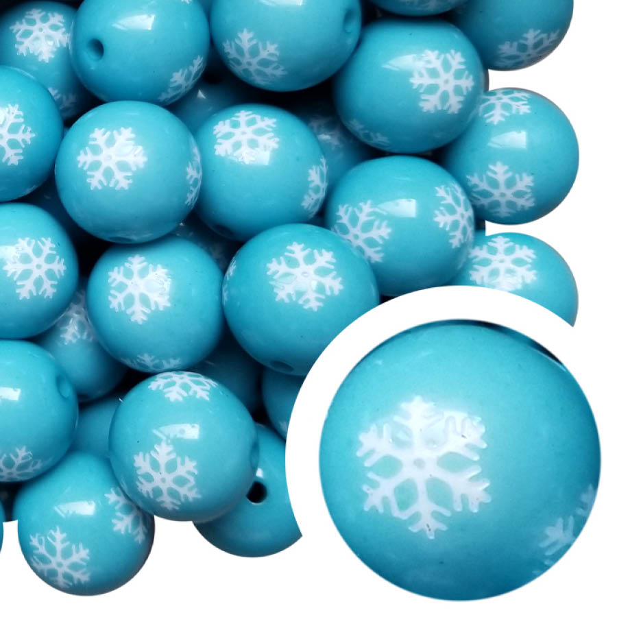 blue large snowflake 20mm printed bubblegum beads
