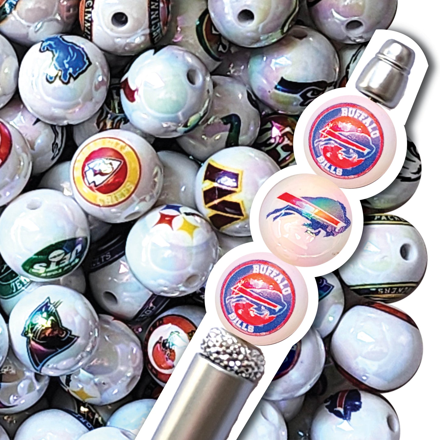 16mm AB buffalo bills nfl team logos custom printed bubblegum beads - sold per bead