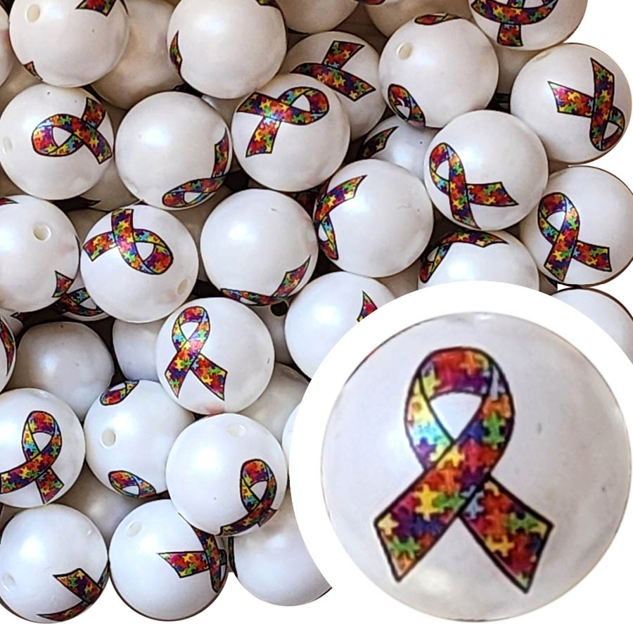 autism awareness ribbon 20mm printed bubblegum beads