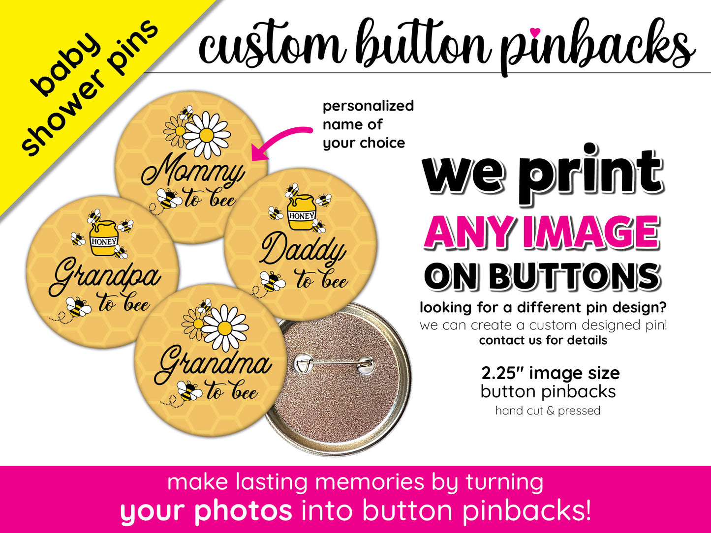 to bee baby shower pin backs custom button pins
