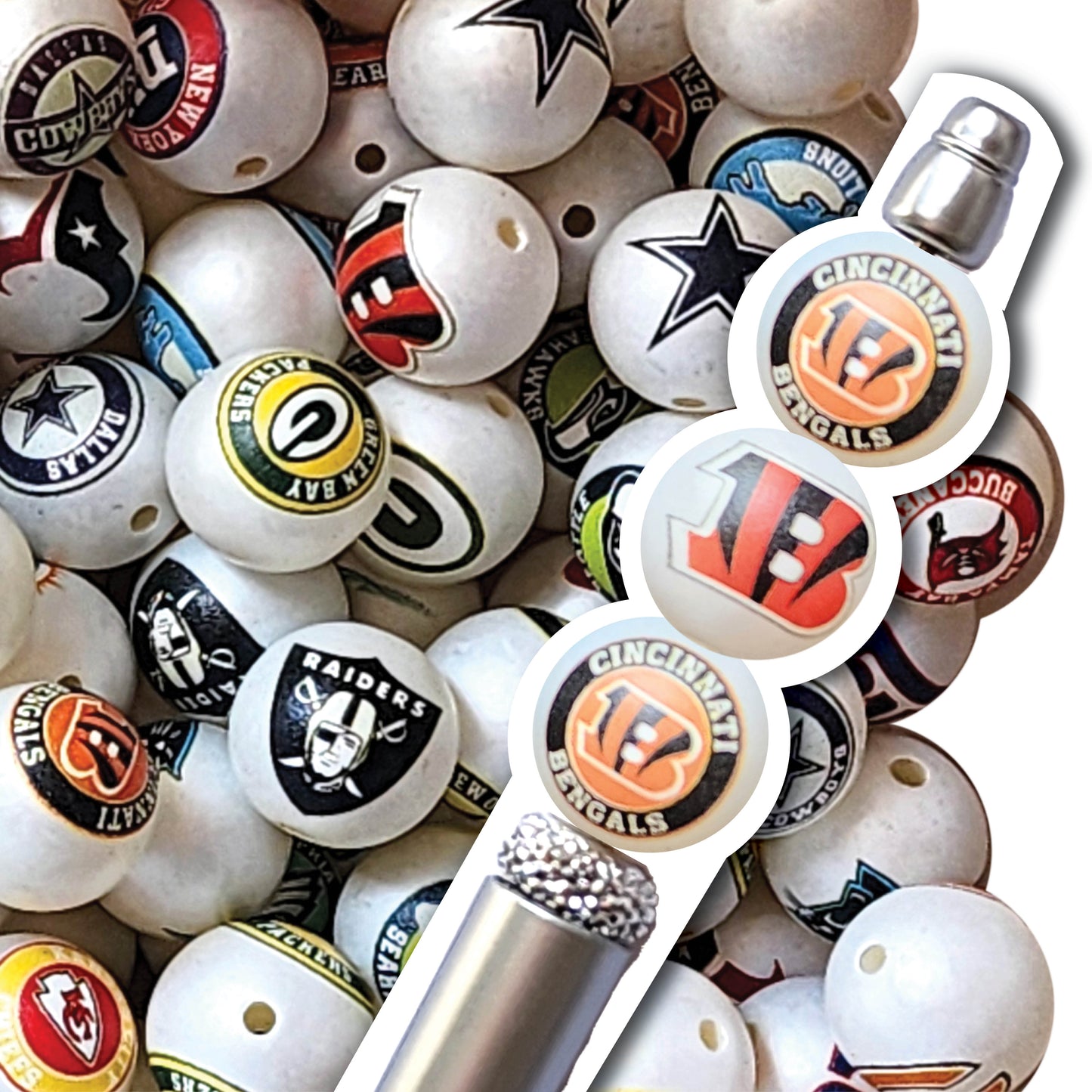 16mm cincinnati bengals nfl team logos custom printed bubblegum beads - sold per bead