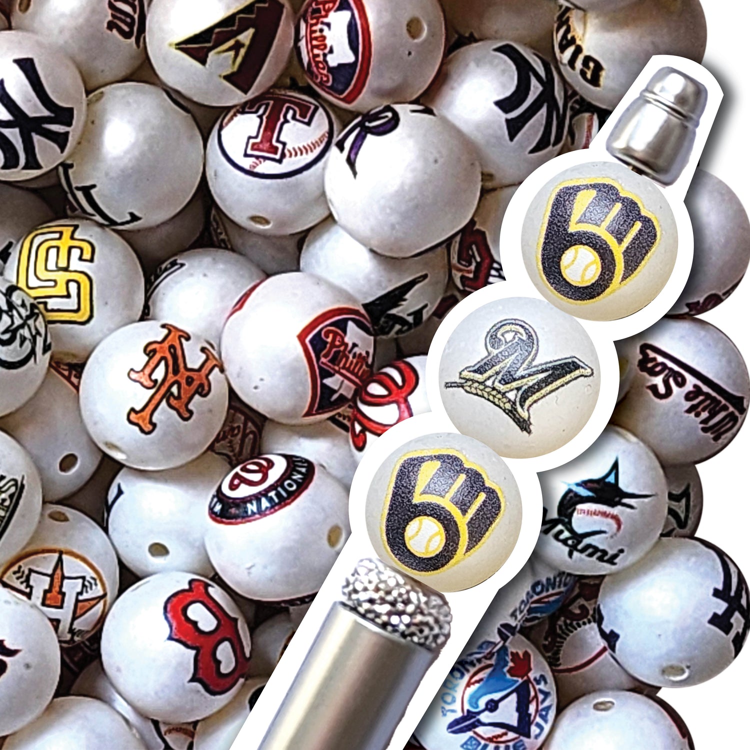 16mm milwaukee brewers mlb team logos custom printed bubblegum beads - sold per bead