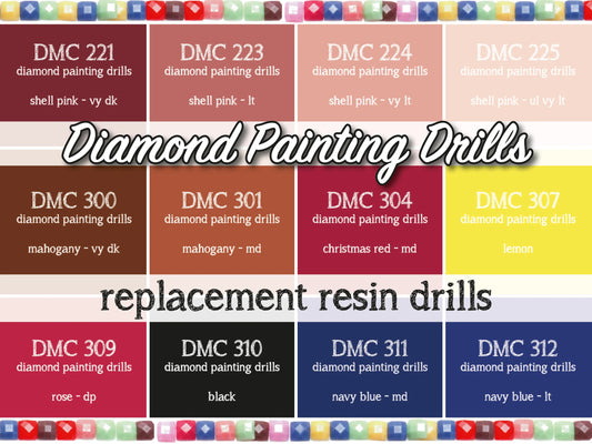 DMC 221, 223, 224, 225, 300, 301, 304, 307, 309, 310, 311, 312 - Replacement Resin Diamond Drills For Diamond Painting Kits