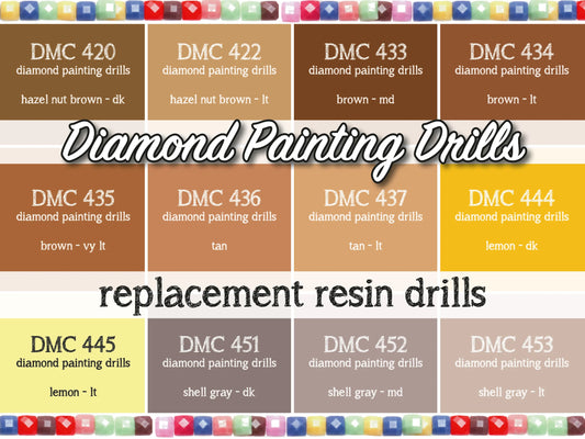 DMC 420, 422, 433, 434, 435, 436, 437, 444, 445, 451, 452, 453 - Replacement Resin Diamond Drills For Diamond Painting Kits