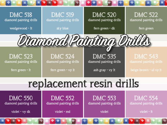 DMC 518, 519, 520, 522, 523, 524, 535, 543, 550, 552, 553, 554 - Replacement Resin Diamond Drills For Diamond Painting Kits