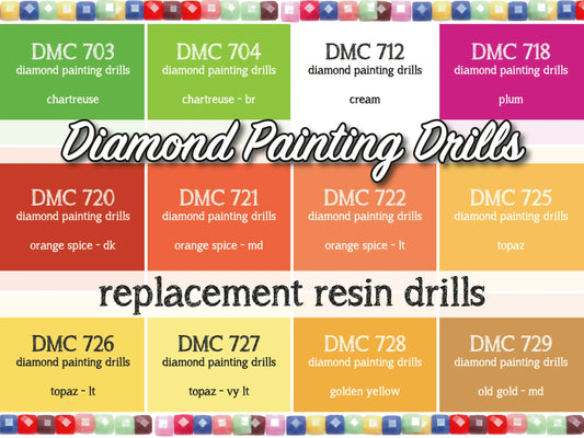 DMC 703, 704, 712, 718, 720, 721, 722, 725, 726, 727, 728, 729 - Replacement Resin Diamond Drills For Diamond Painting Kits