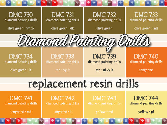 DMC 730, 731, 732, 733, 734, 738, 739, 740, 741, 742, 743, 744 - Replacement Resin Diamond Drills For Diamond Painting Kits