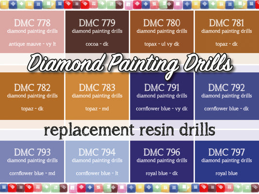 DMC 778, 779, 780, 781, 782, 783, 791, 792, 793, 794, 796, 797 - Replacement Resin Diamond Drills For Diamond Painting Kits