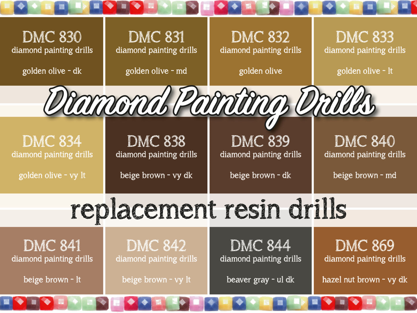 DMC 830, 831, 832, 833, 834, 838, 839, 840, 841, 842, 844, 869 - Replacement Resin Diamond Drills For Diamond Painting Kits