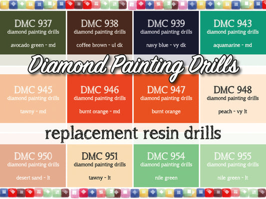 DMC 937, 938, 939, 943, 945, 946, 947, 948, 950, 951, 954, 955 - Replacement Resin Diamond Drills For Diamond Painting Kits