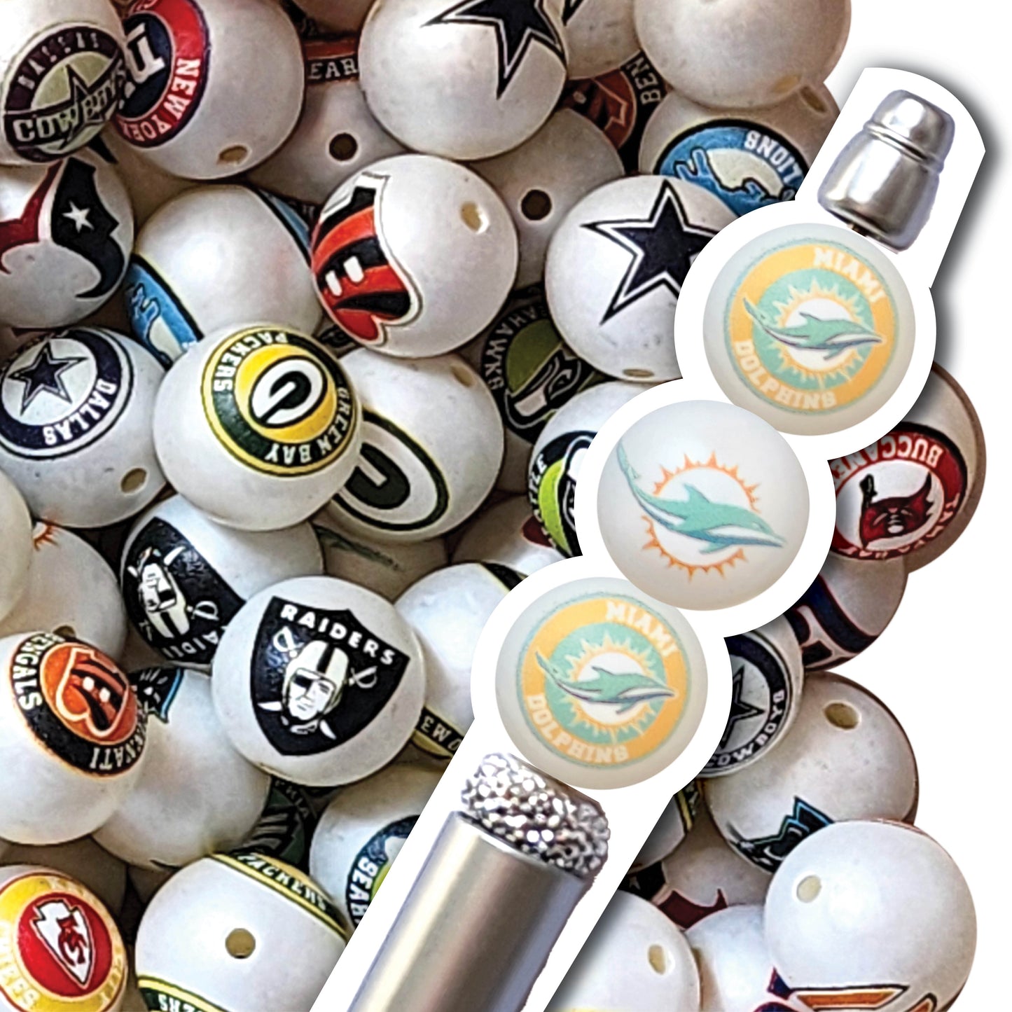 16mm miami dolphins nfl team logos custom printed bubblegum beads - sold per bead