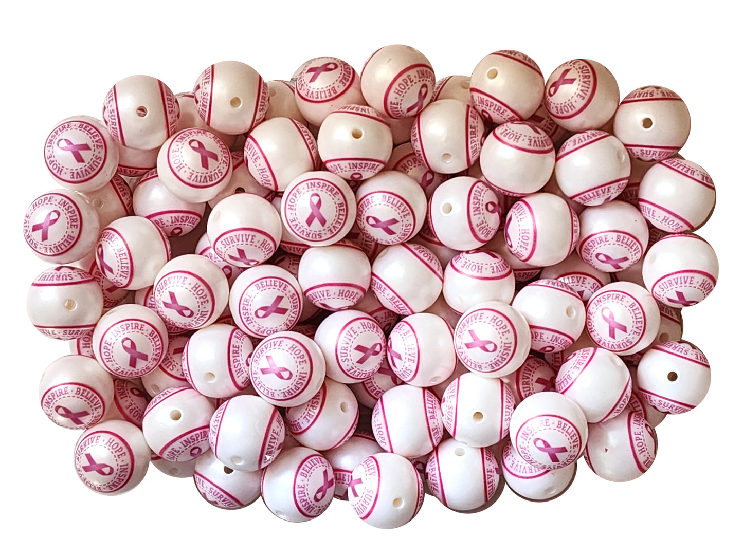 hope inspire believe survive breast cancer awareness 20mm printed bubblegum beads