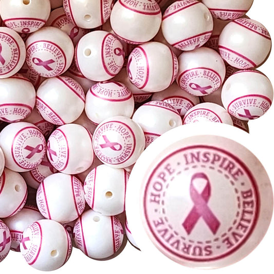 hope inspire believe survive breast cancer awareness 20mm printed bubblegum beads