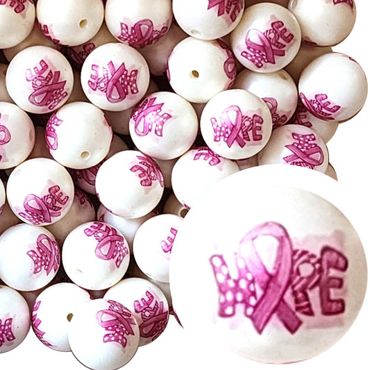 hope ribbon breast cancer awareness 20mm printed bubblegum beads
