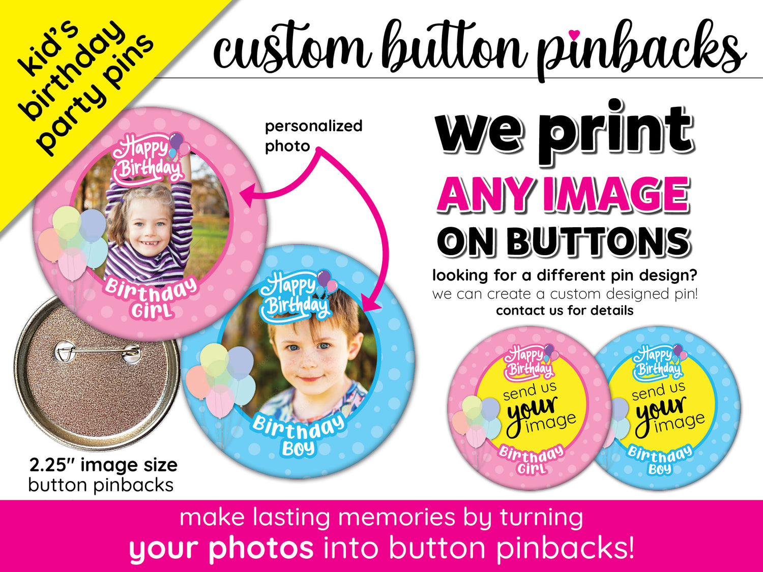 kid's birthday party custom photo pin back buttons