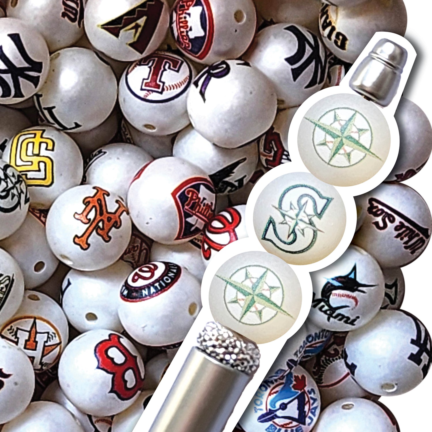 16mm seattle mariners mlb team logos custom printed bubblegum beads - sold per bead