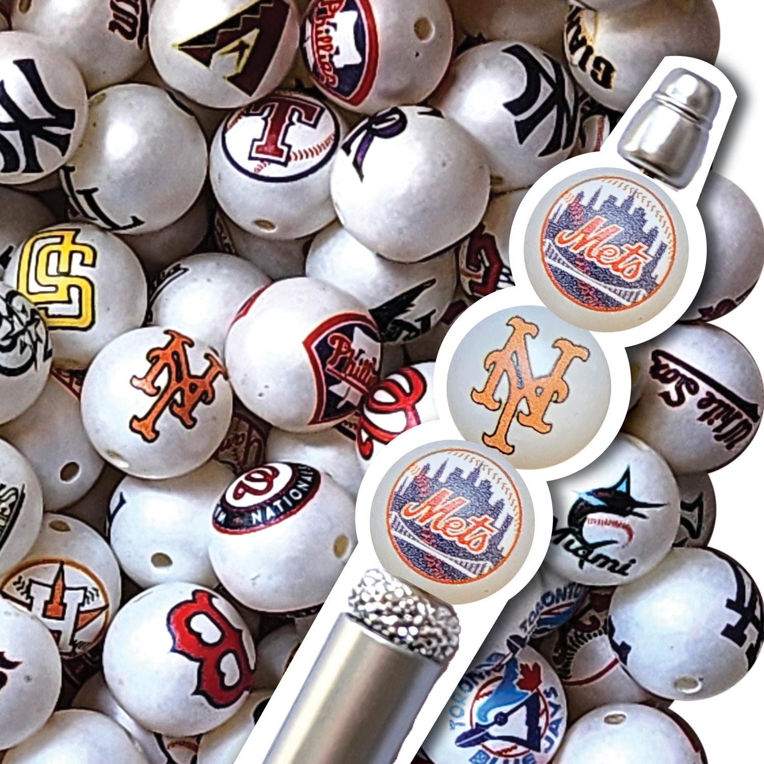 16mm new york mets mlb team logos custom printed bubblegum beads - sold per bead