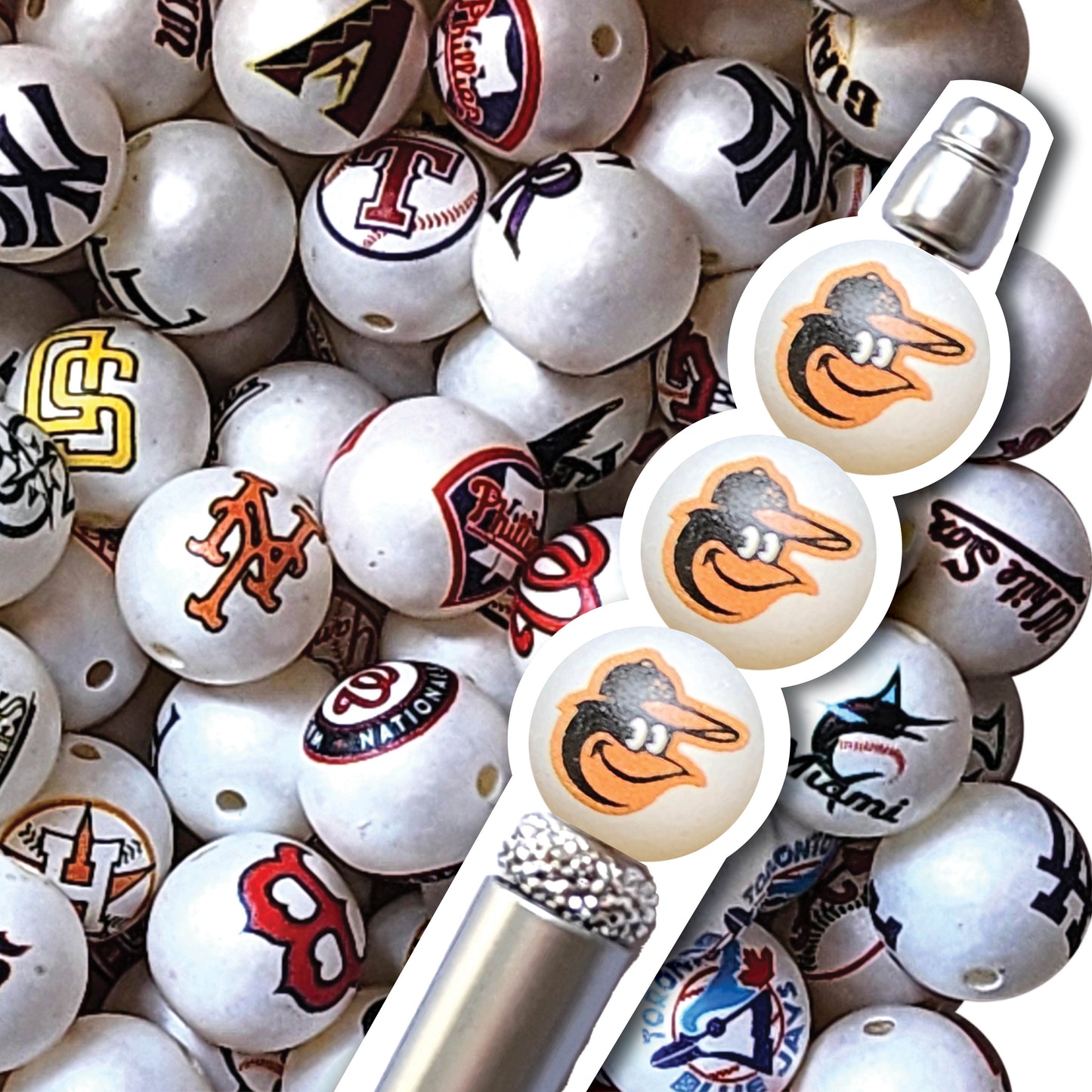 16mm baltimore orioles mlb team logos custom printed bubblegum beads - sold per bead