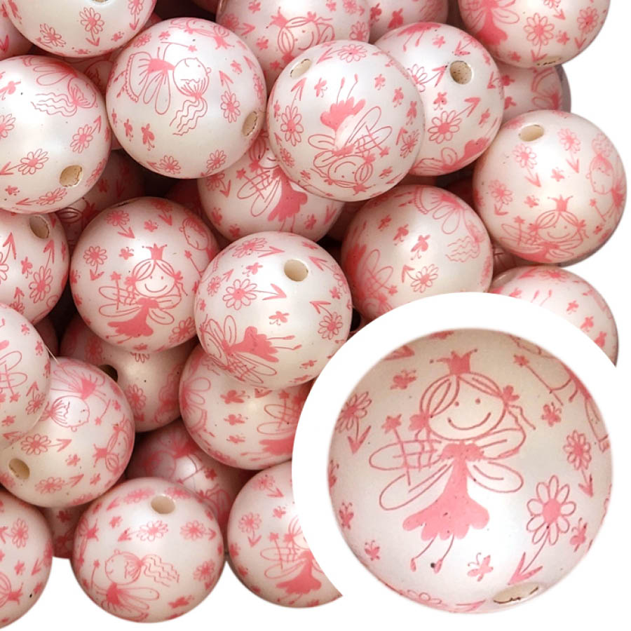 pink fairy princess print 20mm printed bubblegum beads