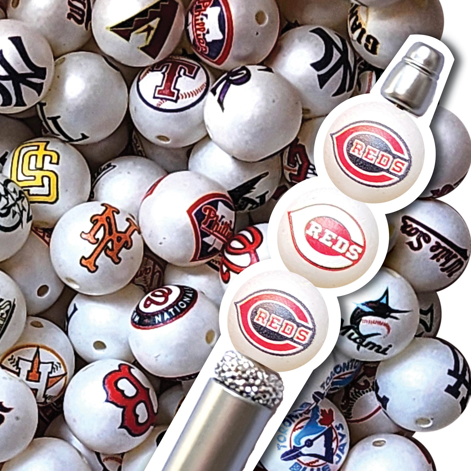 16mm cincinnati reds mlb team logos custom printed bubblegum beads - sold per bead