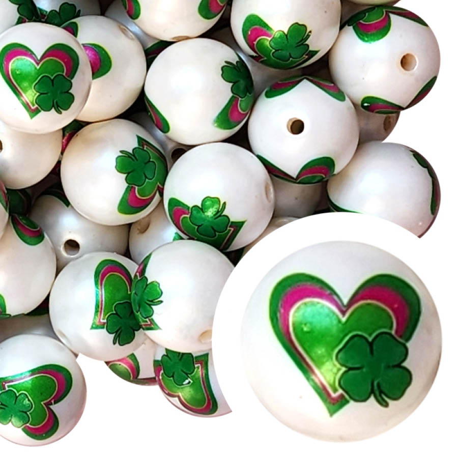 shamrock hearts 20mm printed bubblegum beads