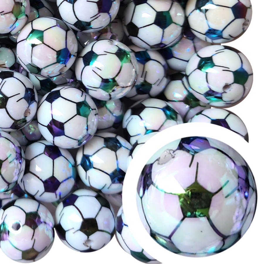 soccer ball AB 20mm printed bubblegum beads