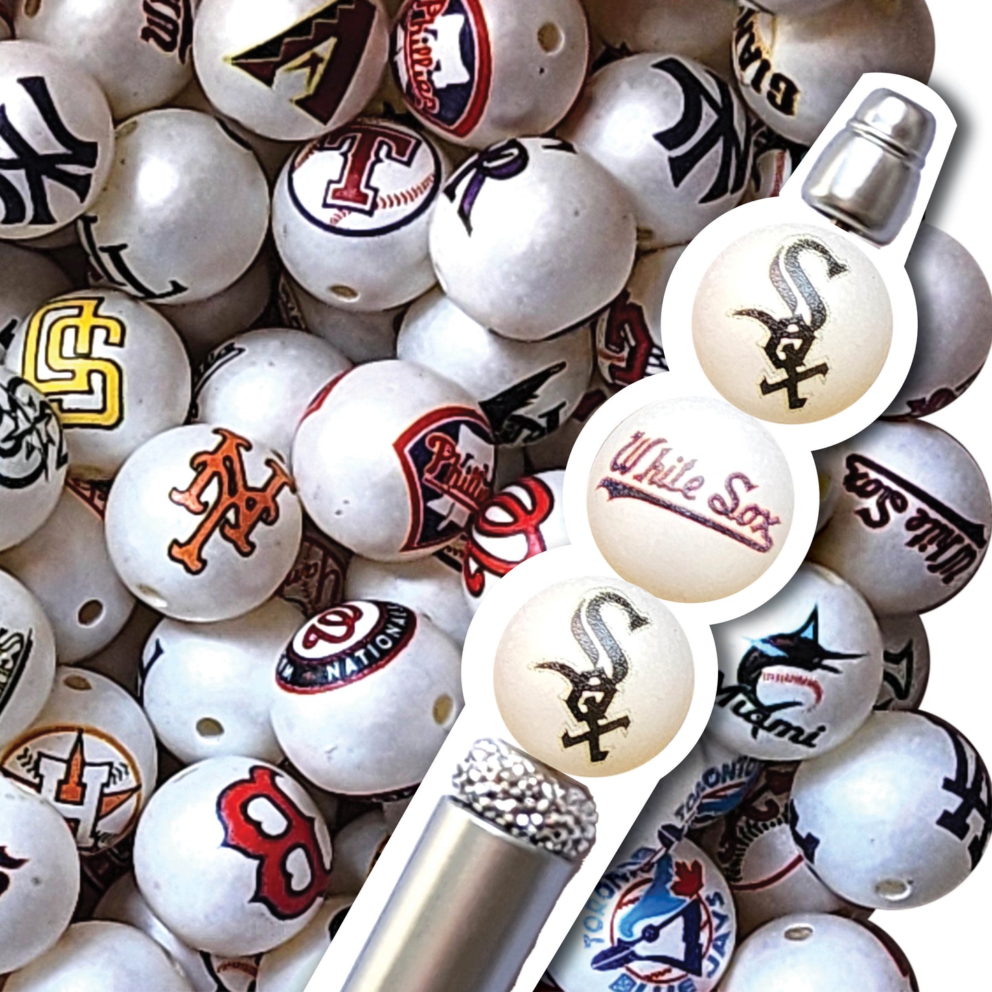 16mm chicago white sox mlb team logos custom printed bubblegum beads - sold per bead