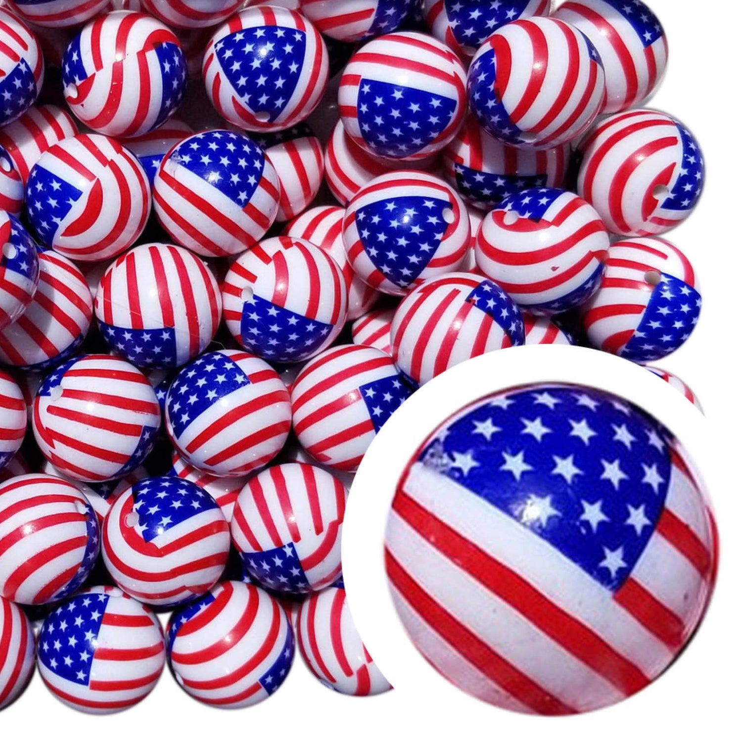 american flag USA 20mm printed bubblegum beads