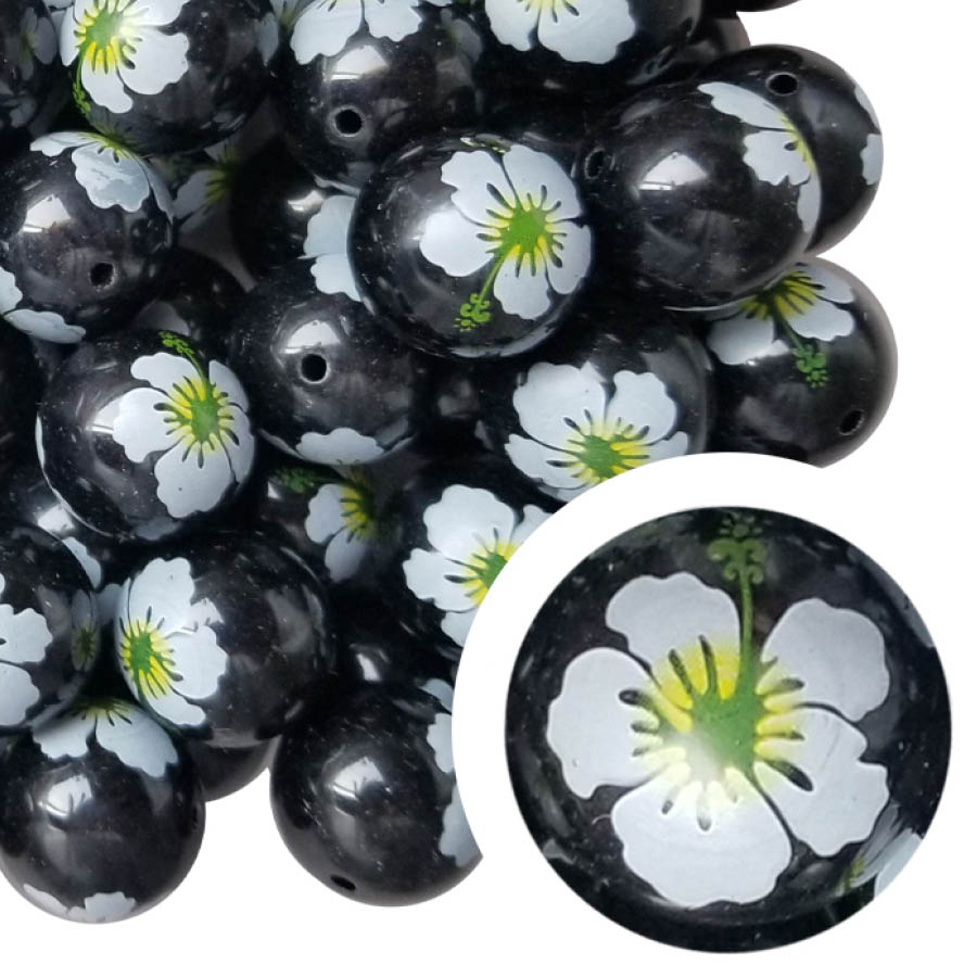 black hibiscus 20mm printed bubblegum beads
