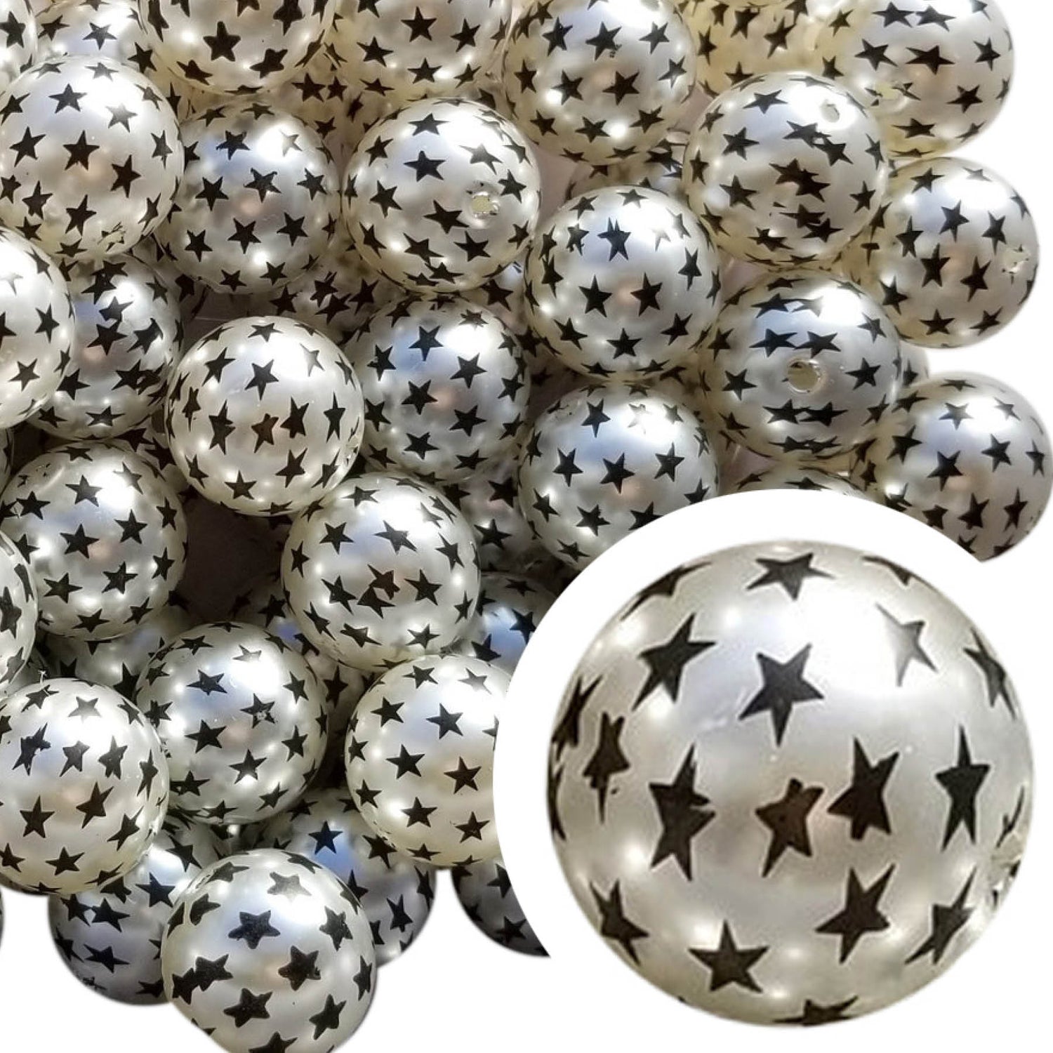black stars 20mm printed bubblegum beads
